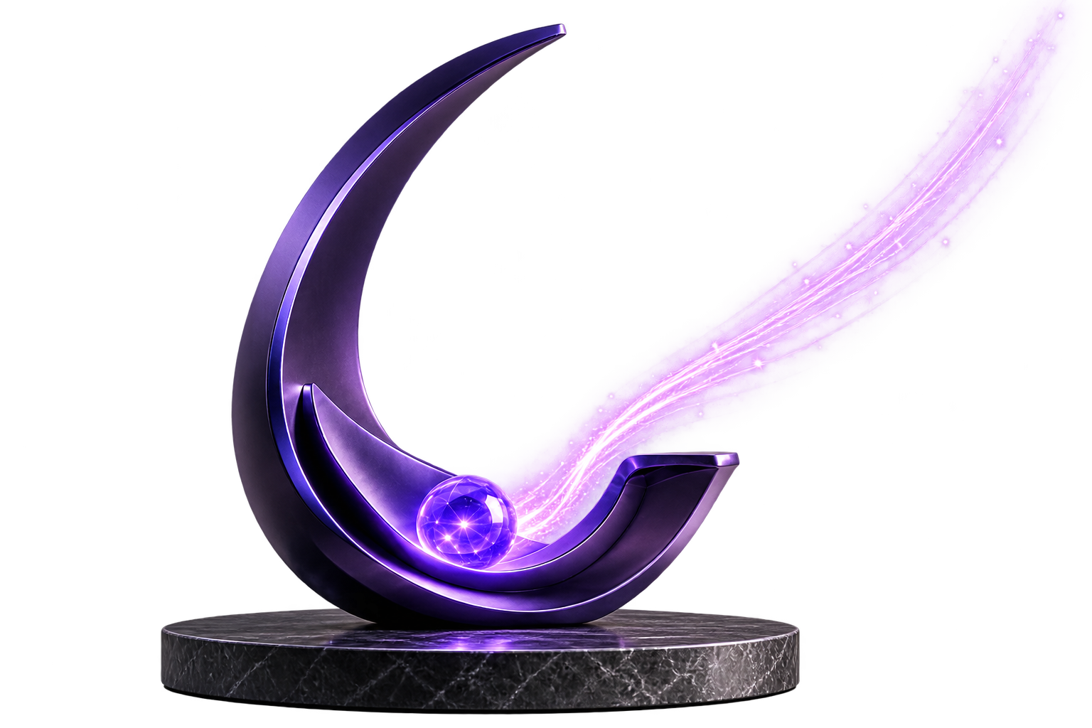 A luminous purple demand point follows an exposed path into a sculptural receiving curve, where it is retained.