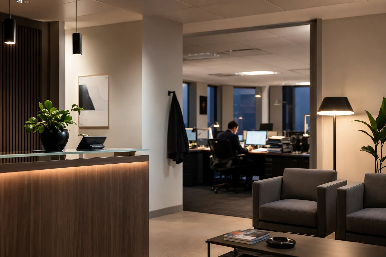 An empty solicitor's reception after hours with a fee-earner still working beyond it