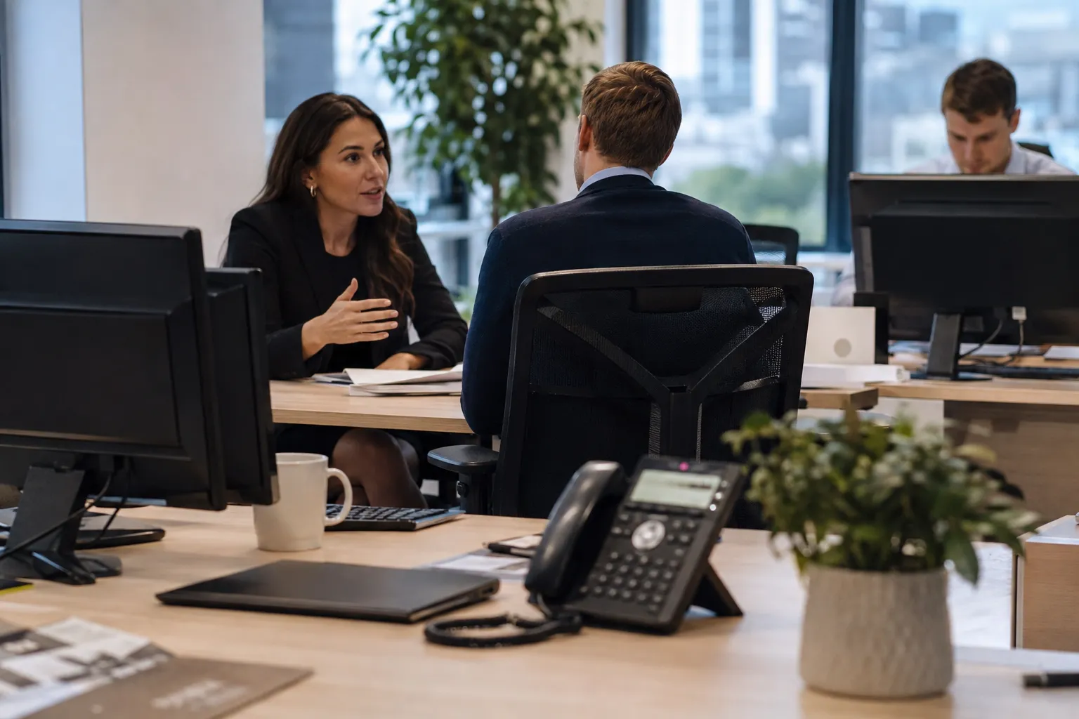 A recruitment consultant in a meeting while a desk telephone sits unattended nearby